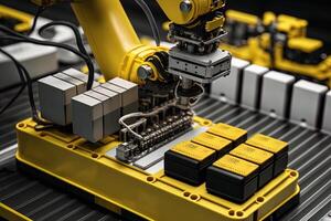 interno di industria fabbrica, robot montaggio linea con elettrico auto batteria cellule modulo su piattaforma. generativo ai foto