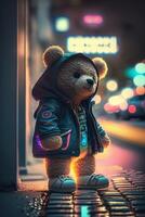 giocattolo carino orso nel Abiti giacca e scarpe da ginnastica su strada sfondo con neon illuminazione, generativo ai foto