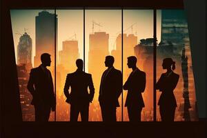 silhouette di attività commerciale persone Lavorando insieme nel ufficio. concetto di lavoro di squadra e collaborazione. generativo ai. Doppio esposizione e Rete effetti foto