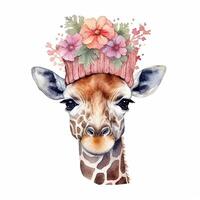 carino giraffa nel cappello con fiore. acquerello. illustrazione ai generativo foto