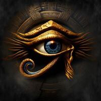 generativo ai il d'oro occhio di Horus con d'oro effetto su nero sfondo, rappresentazione di il solare occhio o il occhio di RA, simbolo di il antico egiziano Dio di il sole foto