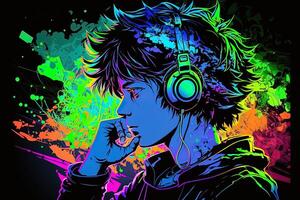 generativo ai un neon gamer anime moda ragazzo o uomo indossare cuffia, perso nel il suo musica. astratto sfondo quello evoca il sensazione di diverso generi di musica. bandiera musica concetto foto