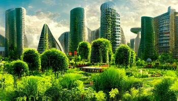 spettacolare eco-futuristico paesaggio urbano pieno con verde, grattacieli, parchi, e altro artificiale verde spazi nel urbano la zona. verde giardino nel moderno città. foto