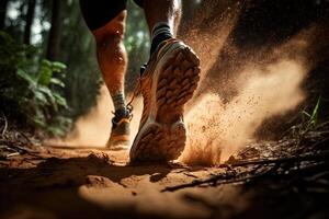 avvicinamento a il corridore piedi è in esecuzione su il sporco itinerario a il giungla, strada e strada. pista in esecuzione sport azione e umano sfida concetto. generativo ai foto