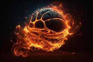 generativo ai di un' raggiante palla ardente su fuoco nel arancia fiamme, dando via calore e Fumo per competitivo pallacanestro un' visivo rappresentazione di il follia e eccitazione di il gioco foto