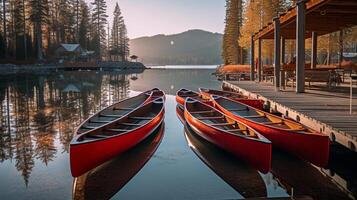 canoe attraccato a lago. illustrazione ai generativo foto