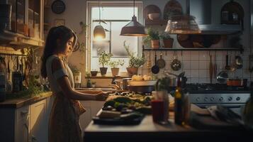 donna cucinando a cucina. illustrazione ai generativo foto