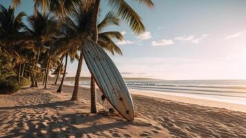 tavola da surf e palma albero su spiaggia. illustrazione ai generativo foto