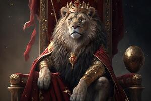 reale Leone indossare un' oro corona e rosso mantello seduta su un' d'oro e rosso trono. d'oro splendente re di bestie Leone su un' reale d'oro trono.ai generativo illustrazione foto