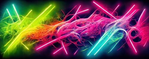 illustrazione di gioco sfondo astratto, cyberpunk stile di gamer sfondo, neon splendore leggero di fantascienza. raggiante iridescente neon luci per tutti e due leggero e buio sfondi. generativo ai foto