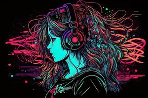 generativo ai un neon gamer anime moda ragazza o donna indossare cuffia, perso nel sua musica. astratto sfondo quello evoca il sensazione di diverso generi di musica. bandiera musica concetto foto