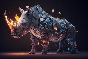 generativo ai fusione di metallo rinoceronte che esplode attraverso fuoco circondato di sparpagliato bicchiere frammenti e detriti, cosmico energia foto