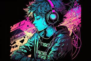 generativo ai un neon gamer anime moda ragazzo o uomo indossare cuffia, perso nel il suo musica. astratto sfondo quello evoca il sensazione di diverso generi di musica. bandiera musica concetto foto