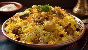 un' piatto di biryani con un' mazzo di cibo su esso, ai generativo foto