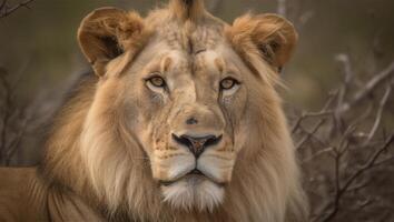 un' leone testa è mostrato contro un' nero sfondo , ai generativo foto