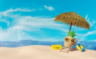 spiaggia sedia con ombrello, palma albero,salvagente,mare,ananas, occhiali da sole, valigia isolato su blu cielo sfondo.estate viaggio concetto, 3d illustrazione o 3d rendere foto