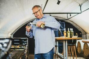 ritratto di anziano uomo chi possiede azienda vinicola. lui è l'esame qualità nel il suo vino cantina. industria vino fabbricazione concetto. foto