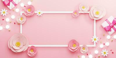 3d resa. design per La madre di giorno e San Valentino giorno illustrazione. rettangolo telaio e rosa rosa fiore su rosa sfondo. con copia spazio. foto