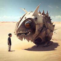 3d interpretazione di un' ragazzo nel il deserto con un' gigante mostro, ai generativo Immagine foto