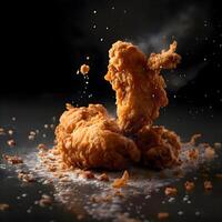 fritte pollo su un' nero sfondo con spruzzi di acqua., ai generativo Immagine foto