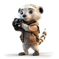 3d interpretazione di un' carino cartone animato panda esploratore con binocolo., ai generativo Immagine foto