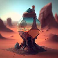 3d illustrazione di un' bottiglia con un' pozione nel il deserto., ai generativo Immagine foto