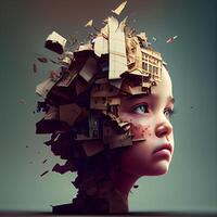 3d interpretazione di un' femmina testa circondato di pezzi di carta., ai generativo Immagine foto