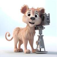 3d interpretazione di un' carino cartone animato Leone con un' video telecamera., ai generativo Immagine foto