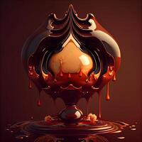 3d illustrazione di liquido cioccolato gocciolante al di sopra di buio sfondo. cioccolato schizzi., ai generativo Immagine foto