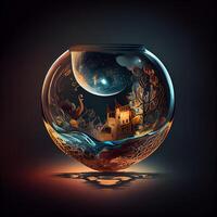 illustrazione di un vuoto bicchiere acquario con un' fantasia paesaggio., ai generativo Immagine foto