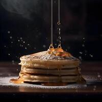 Pancakes con miele su un' nero sfondo. congelare movimento., ai generativo Immagine foto