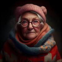 ritratto di un anziano donna nel un' cappello, sciarpa e occhiali., ai generativo Immagine foto