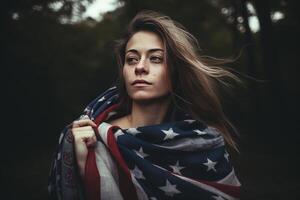 un' bellissimo giovane donna avvolto nel un americano bandiera su sua collo nel il campo. ai generativo foto