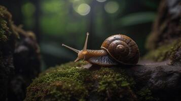 lumaca su un' bagnato roccia. elica pomatia anche romano lumaca, Borgogna lumaca, commestibile lumaca o lumache, generativo ai foto