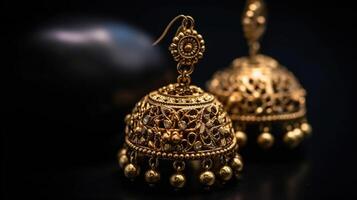 bellissimo indiano antico d'oro paio di orecchini, lusso femmina gioielleria, indiano gioielleria bridal orecchini, nozze gioielleria pesante festa orecchini, generativo ai foto