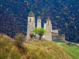 maestoso battaglia torri di inguscezia. bellissimo storico monumento, turista attrazione. sorprendente medievale Torre complesso Erzi, uno di il maggiore medievale tipo castello Torre villaggi. foto