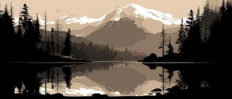 silhouette lago di montagna illustrazione di generato ai silhouette lago di montagna foto