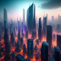 3d futuristico illuminato al neon grattacieli ultra realistico illustrazione ai generato foto