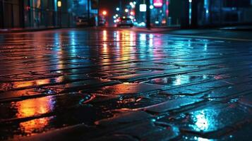 urbano riflessi di neon luci su bagnato asfalto struttura. generativo ai foto