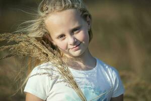 bellissimo poco ragazza nel un' prato con un' mazzo di erbe.bambino nel un' bellissimo estate campo. foto