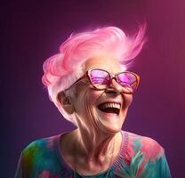 generativo ai contenuto, ritratto di un' moderno anziano donna nel bicchieri con rosa capelli. sorridente felicemente foto