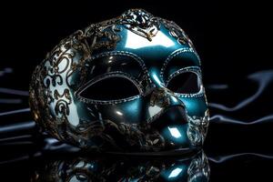 veneziano maschera su un' riflessivo superficie alto contrasto Immagine veneziano carnevale maschera sfondo pc. ai generato foto