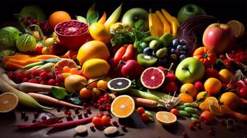 energizzante fitness festa colorato assortimento di frutta, la verdura, erbe aromatiche, e spezie artisticamente disposte generativo ai foto
