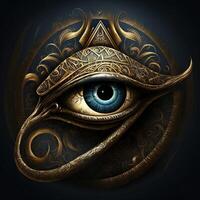 generativo ai il d'oro occhio di Horus con d'oro effetto su nero sfondo, rappresentazione di il solare occhio o il occhio di RA, simbolo di il antico egiziano Dio di il sole foto