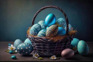 generativo ai Pasqua uova nel un' cestino contro il fondale di un' blu camera, pastello colori. primavera concetto Pasqua uova iridescente colore, brillante e perlato. illustrazione foto