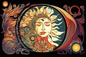 contento astratto astrale forma, Luna e sole, arte nuovo, espressionismo. mucha e tarocco carta ispirato, forte colore. generativo ai foto