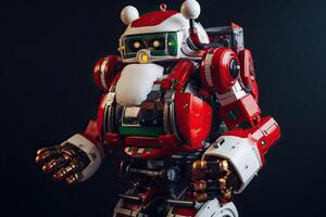 robot Santa Claus nel rosso colore su un' buio grigio sfondo, ritratto di un' robot babbo natale, generativo ai. foto