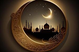 islamico saluto eid mubarak carte per musulmano vacanze.eid-ul-adha Festival celebrazione.arabo Ramadan lanterna . generativo ai mezzaluna islamico con moschea per Ramadan kareem. foto