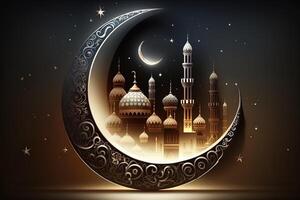 islamico saluto eid mubarak carte per musulmano vacanze.eid-ul-adha Festival celebrazione.arabo Ramadan lanterna . generativo ai mezzaluna islamico con moschea per Ramadan kareem. foto