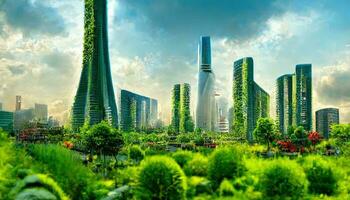 spettacolare eco-futuristico paesaggio urbano pieno con verde, grattacieli, parchi, e altro artificiale verde spazi nel urbano la zona. verde giardino nel moderno città. foto